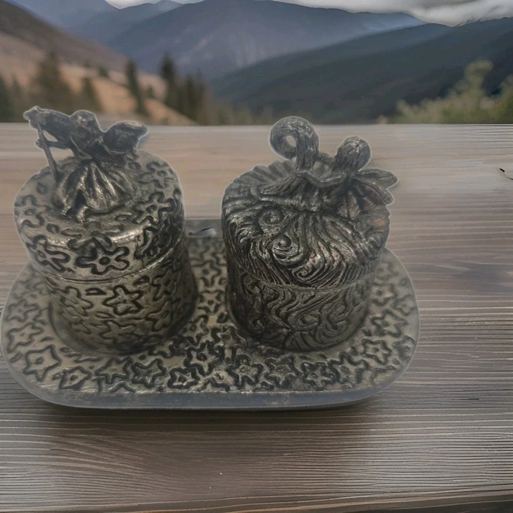 First Tooth & First Curl VINTAGE BabyKeepsake Boxes Set Pewter Fairy Theme